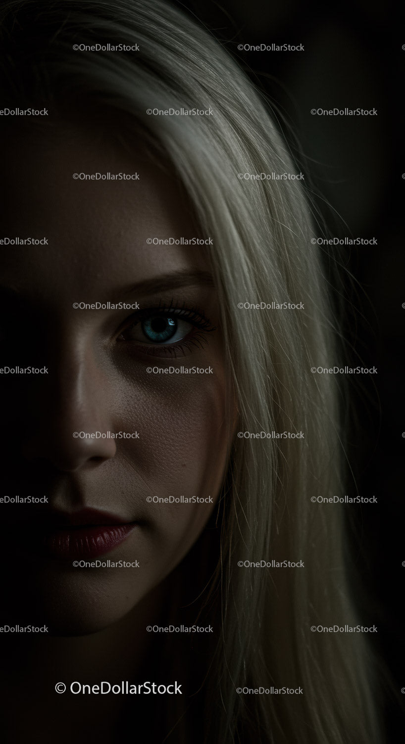 Close up portrait of woman with blue eyes in low light