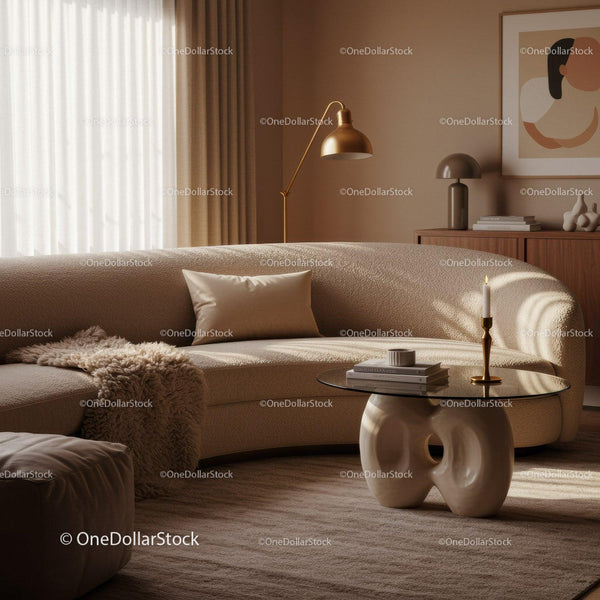 Cozy beige living room with modern sculptural coffee table