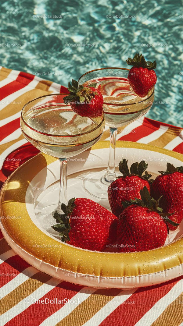 Strawberries and Refreshing Drinks by Poolside on a Bright Summer Day