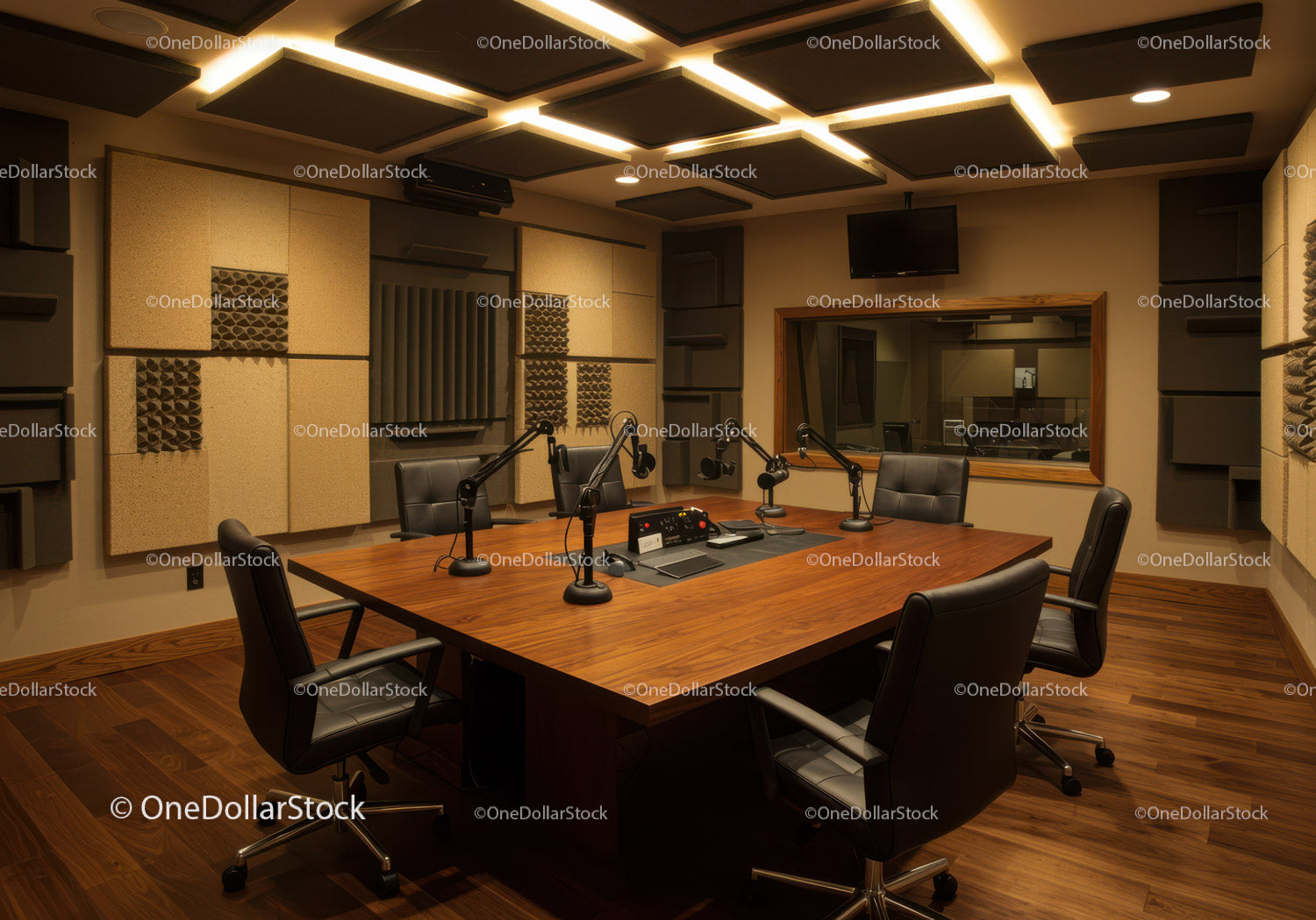 Modern Recording Studio with Acoustic Wall Panels and Audio Equipment