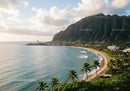 Tropical Beach with Lush Green Mountains and Palm Trees