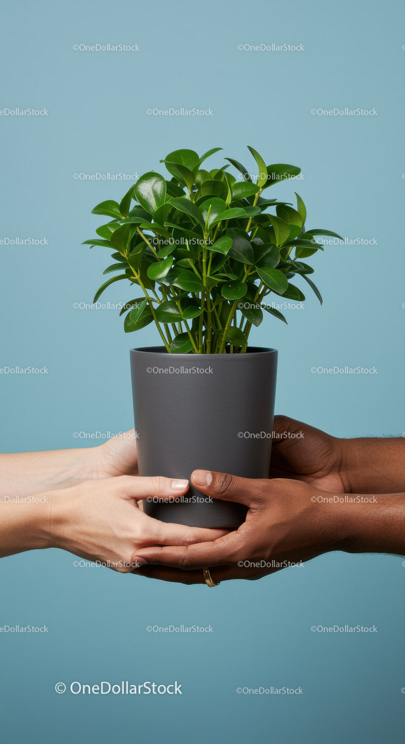Hands of diverse people holding potted green houseplant