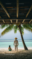 Woman and girl relaxing on tropical beach beneath palm tree with ocean view
