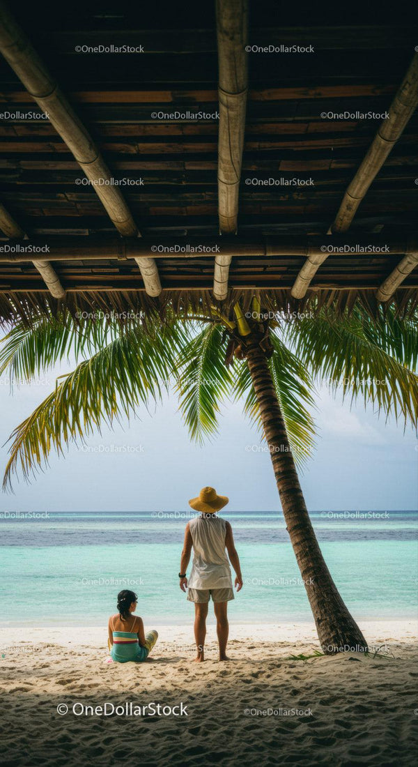 Woman and girl relaxing on tropical beach beneath palm tree with ocean view