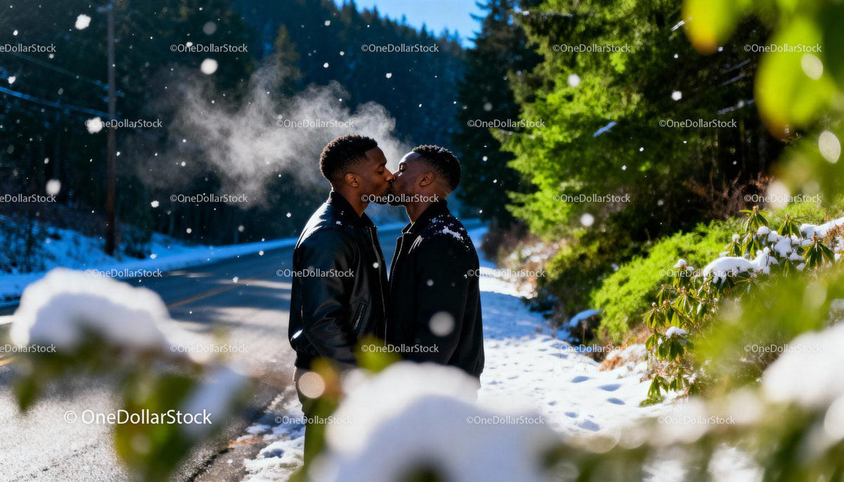Couple sharing a tender kiss on snowy winter road
