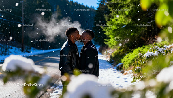 Couple sharing a tender kiss on snowy winter road