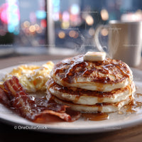 Stack of Fluffy Pancakes with Syrup Bacon and Coffee