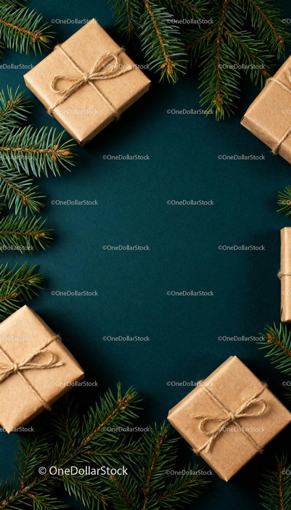 Eco friendly wrapped gifts with fir branches border