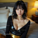 Young Woman with Black Hair and Deep Cleavage in Bedroom Scene