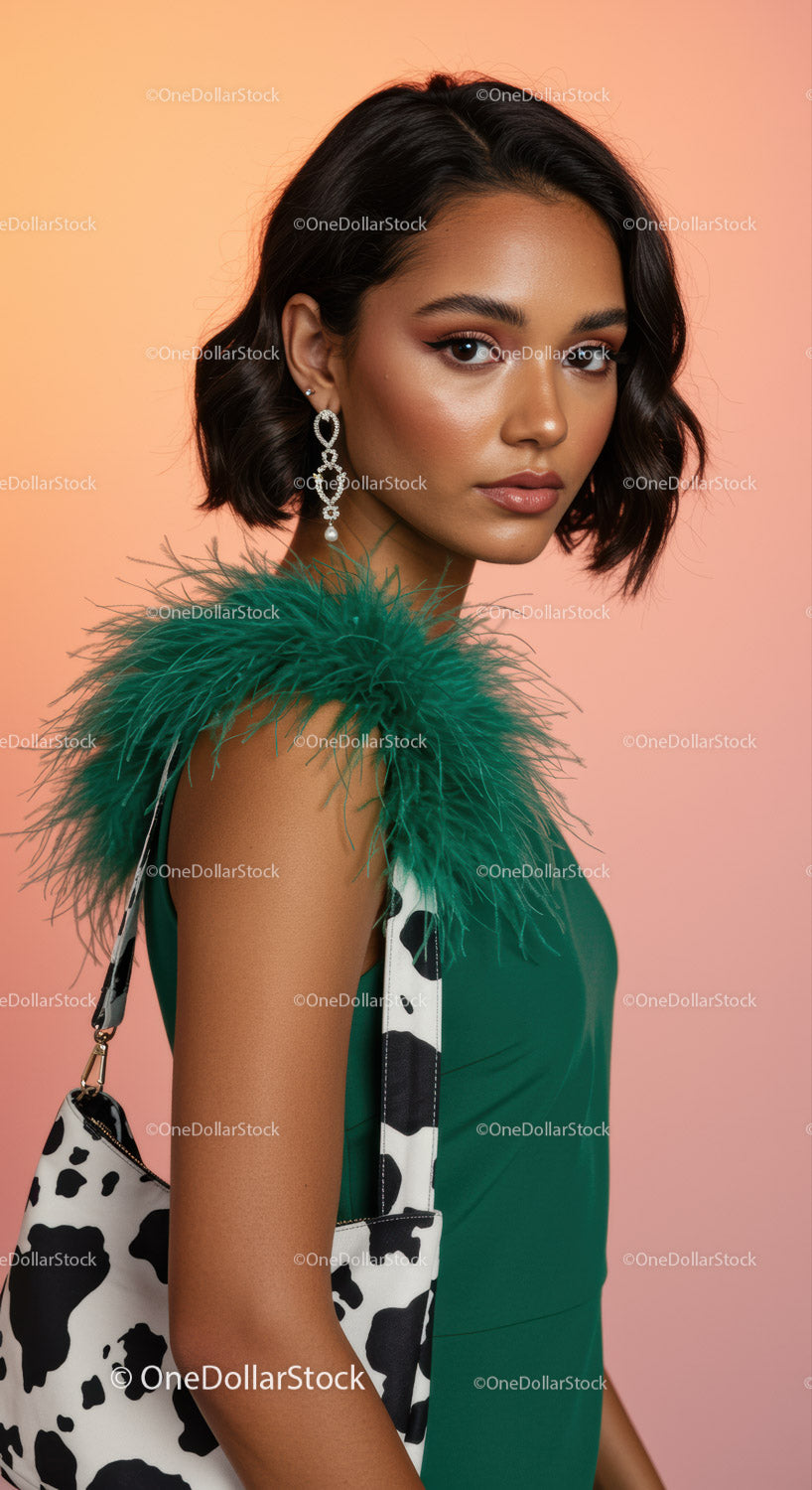 Elegant Woman with Green Dress and Feathery Details Photography