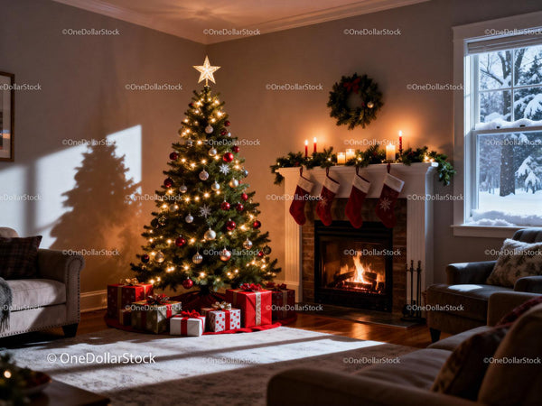 Cozy living room with decorated Christmas tree and fireplace