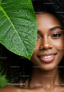 Portrait of a Smiling African American Woman with Tropical Green Leaves