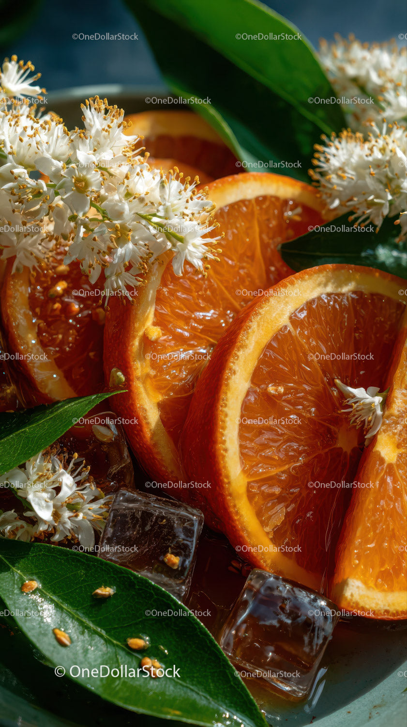 Fresh Juicy Orange Slices with Green Leaves and Ice Cubes