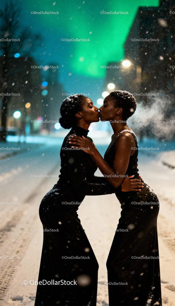 LGBTQ Couple Sharing a Kiss on Snowy Winter Night