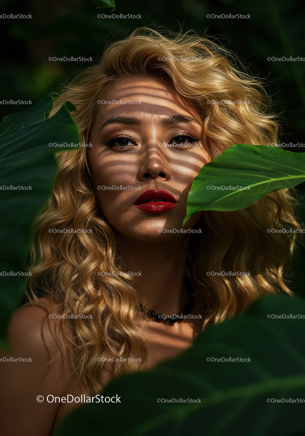 Stunning Woman with Lush Green Tropical Leaves and Sun Shadows