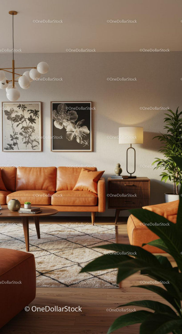 Cozy Living Room with Orange Leather Sofa and Modern Decor