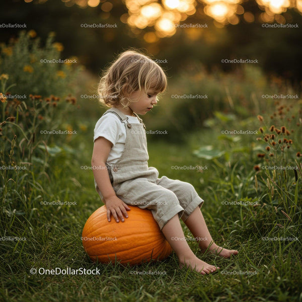 Child sitting thoughtfully on pumpkin in green field