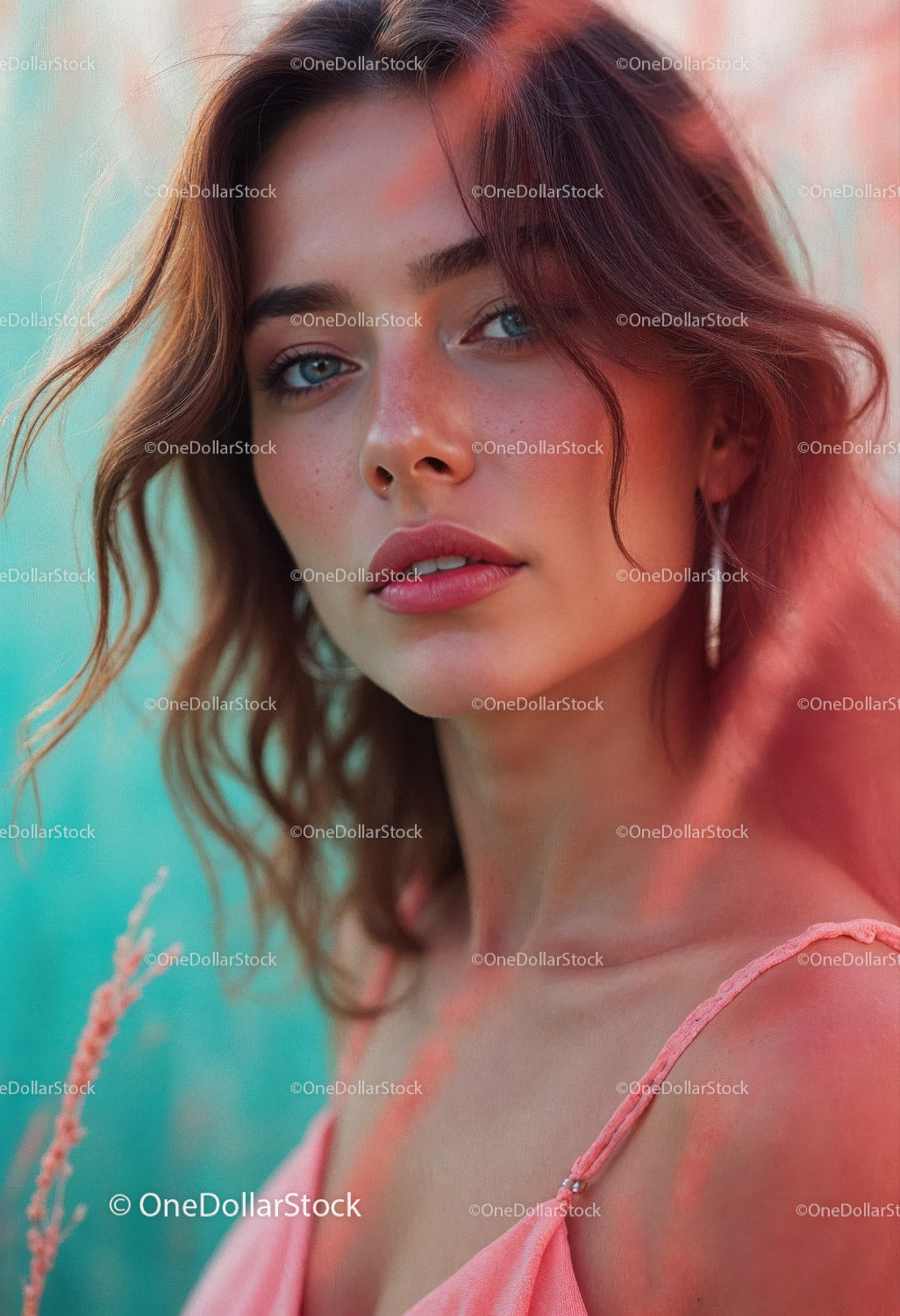 Vibrant Summer Portrait of a Young Woman with Blue Eyes and Wavy Hair
