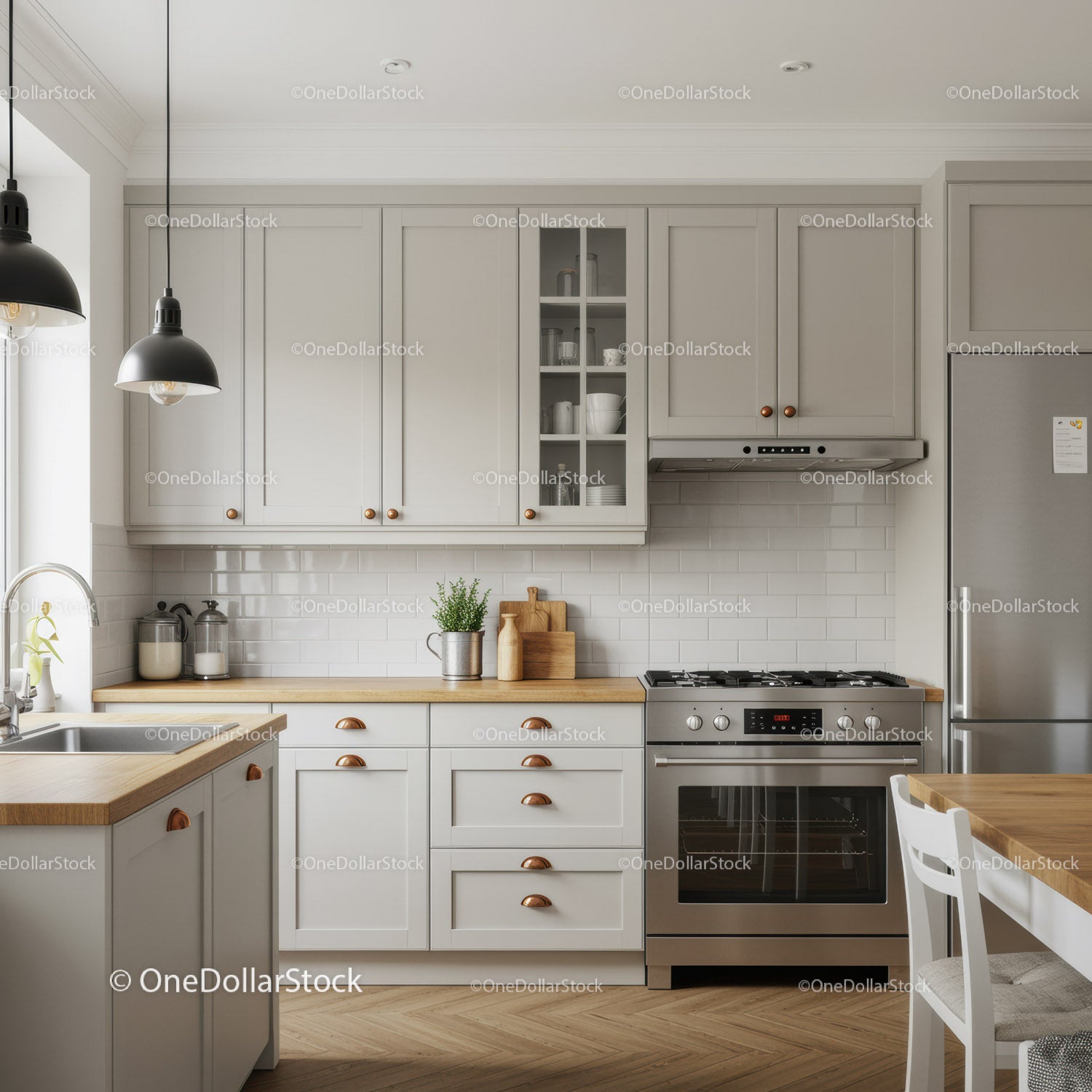 Modern White Kitchen with Wooden Counters and Stainless Steel Appliances