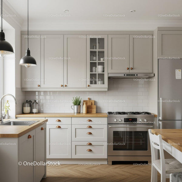 Modern White Kitchen with Wooden Counters and Stainless Steel Appliances