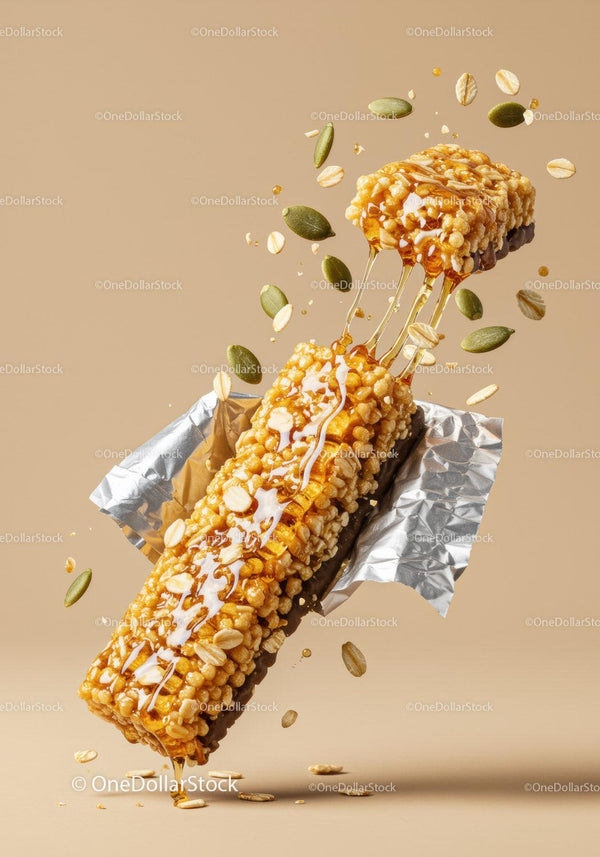 Crunchy Granola Bar Drizzled with Honey and Oats