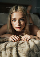 Close-Up of Beautiful Blonde Woman with Blue Eyes Lying on Cozy Bed