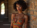 Elegant Woman with Curly Hair in Orange Dress and Jewelry