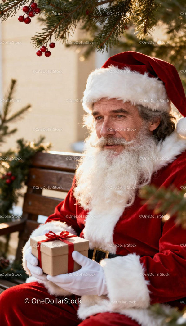 Thoughtful Santa Claus holding a Christmas gift outdoors