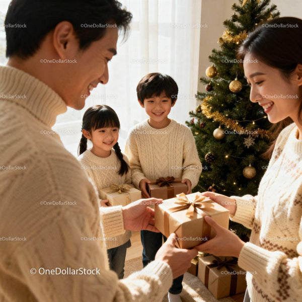 Family exchanging gifts beside decorated Christmas tree