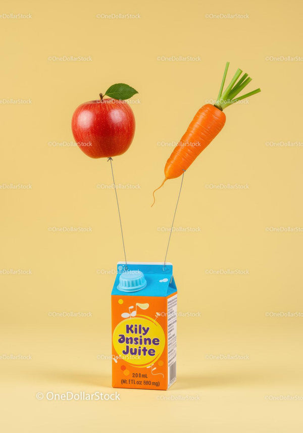 Creative Juice Box with Floating Apple and Carrot Balloons