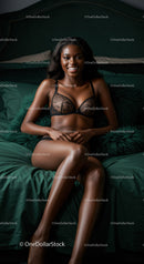 Smiling woman in black lingerie relaxing on green bed