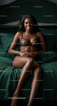 Smiling woman in black lingerie relaxing on green bed