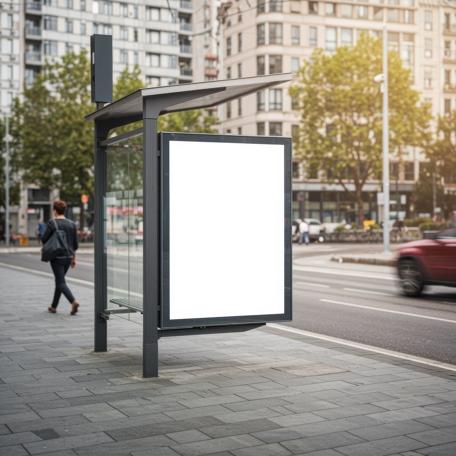 Empty backlit advertising board at city bus stop