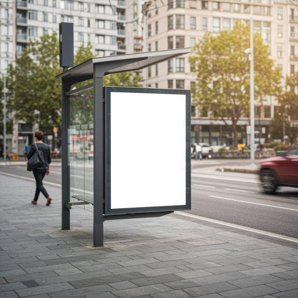 Empty backlit advertising board at city bus stop JPG Mockup Image