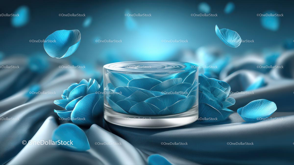 Luxury Blue Cosmetic Jar Surrounded by Elegant Floral Accents