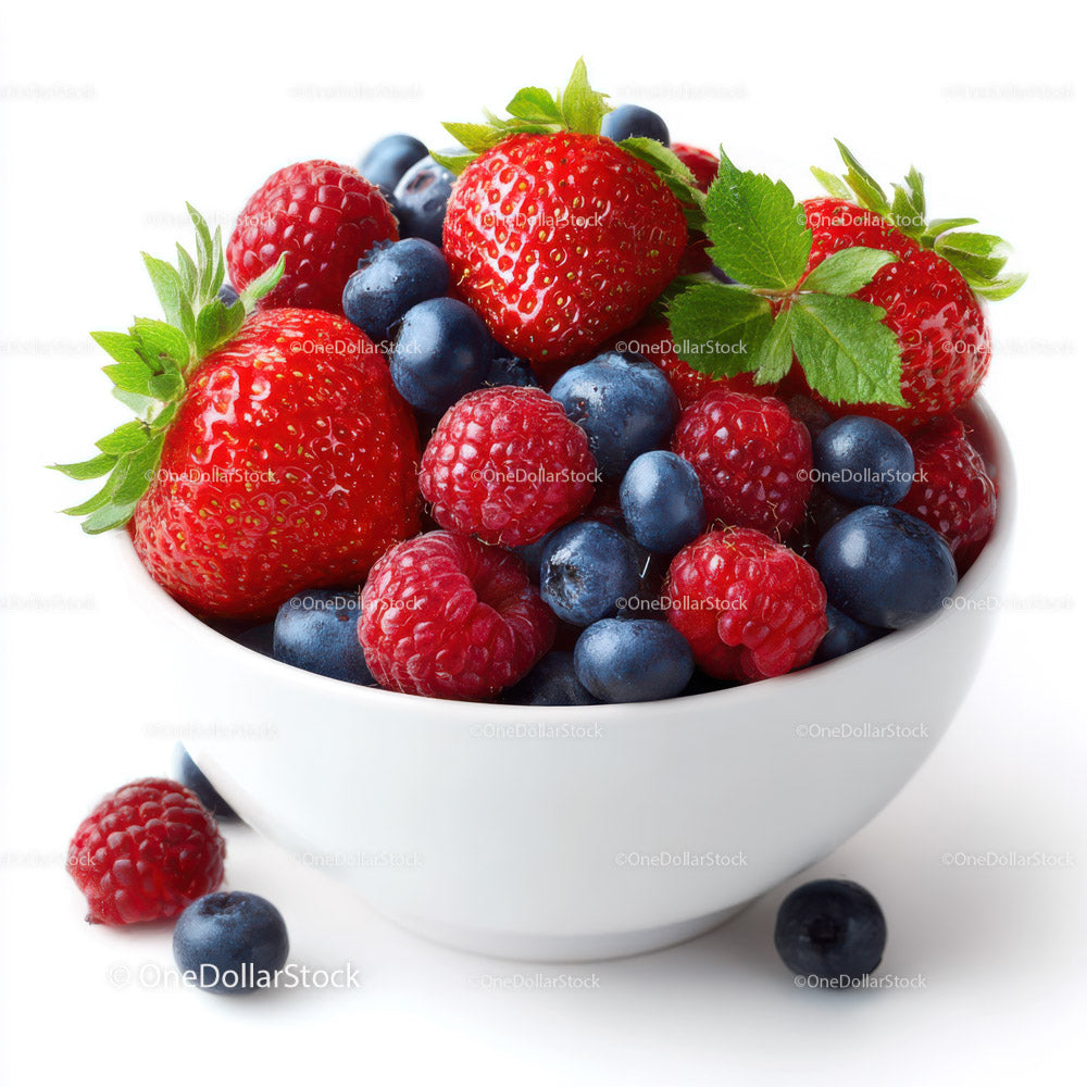Colorful Assortment of Fresh Berries in White Bowl on White Background