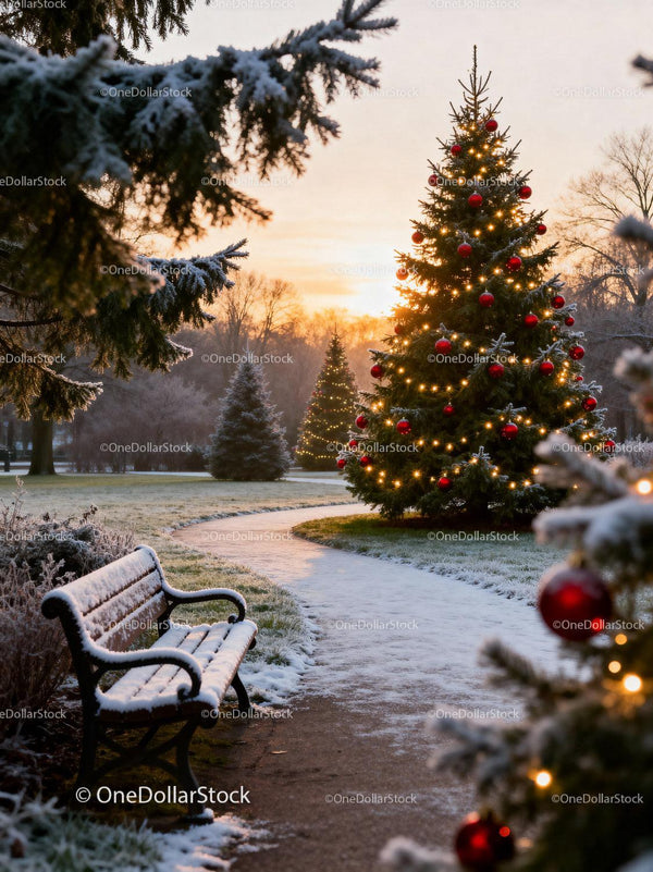 Snowy Park Path with Festive Christmas Trees at Sunrise
