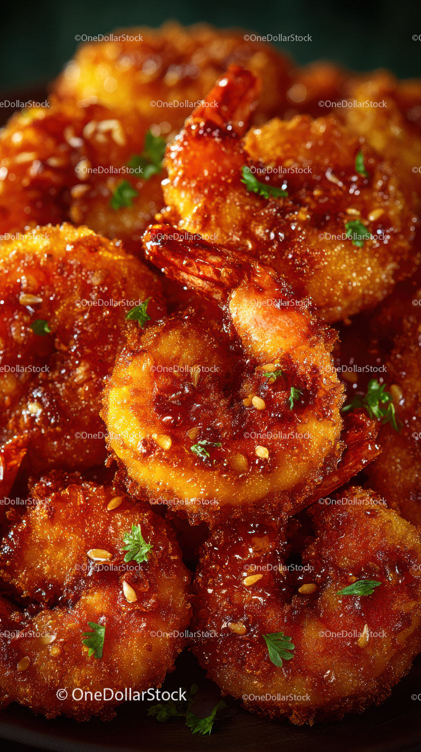 Spicy Fried Shrimp with Glossy Sauce and Parsley Garnish