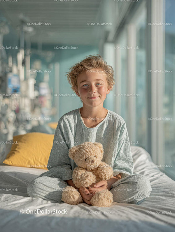 Joyful Young Boy Sitting on Bed Holding Teddy Bear in Bright Bedroom