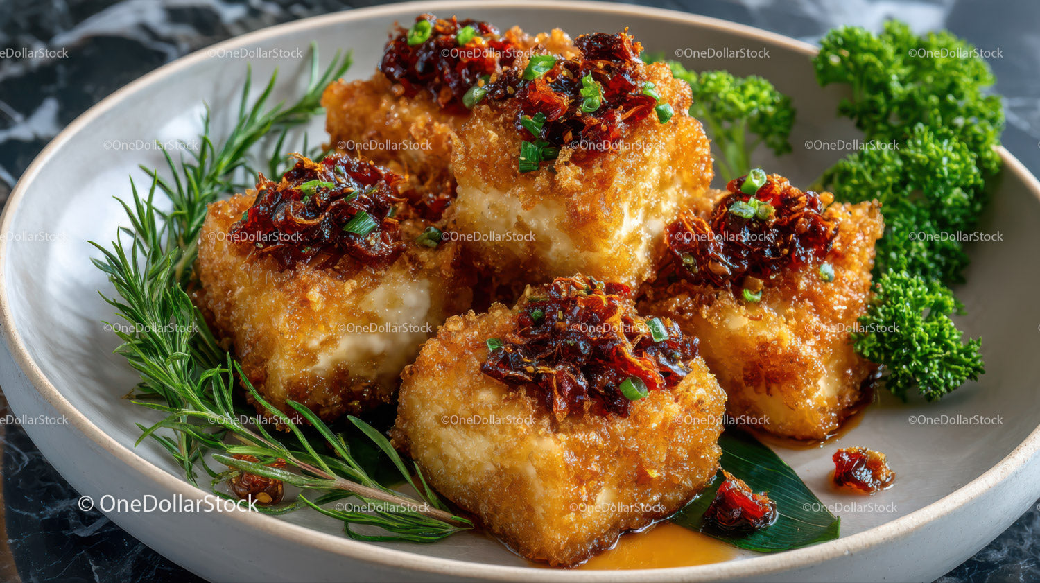 Crispy Chicken Bites with Chili Sauce and Fresh Herbs