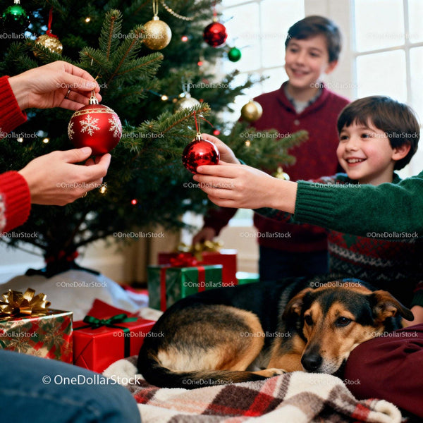 Family Decorating Christmas Tree with Dog Relaxing Nearby
