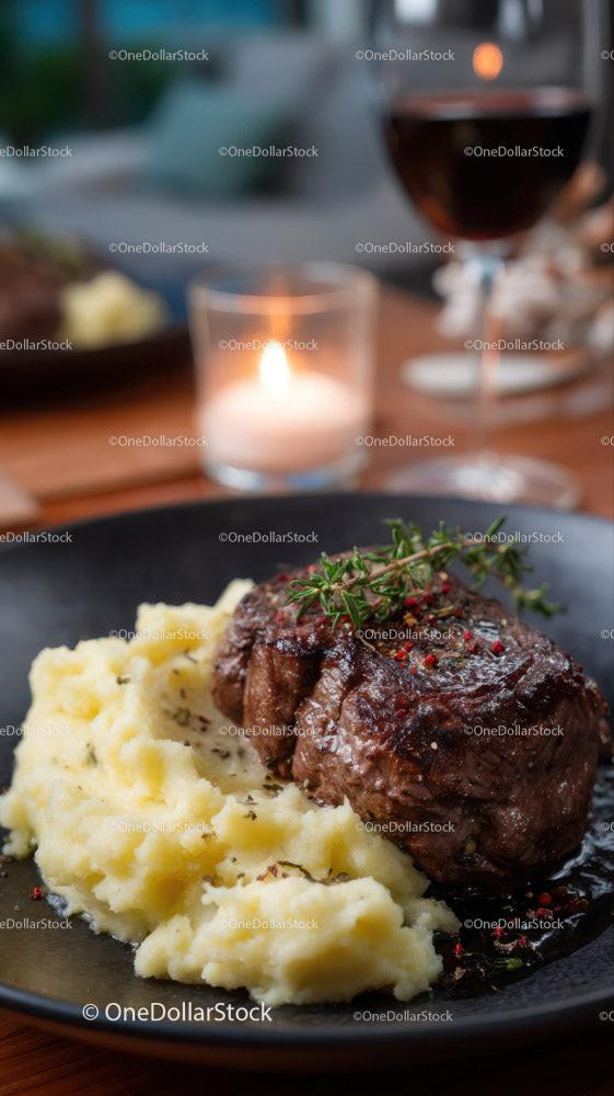 Gourmet Ribeye Steak with Mashed Potatoes and Red Wine