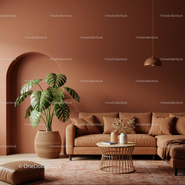 Stylowy nowoczesny salon z dużą rośliną monstera i przytulnym wystrojem