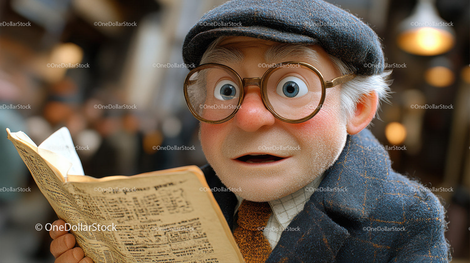 Elderly Man with Reading Glasses Expressing Surprise while Reading Book