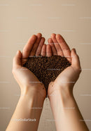Hands Gently Holding Brown Granules Falling Down