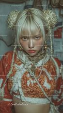 Young Woman with Braided Bun Hairstyle and Intense Expression