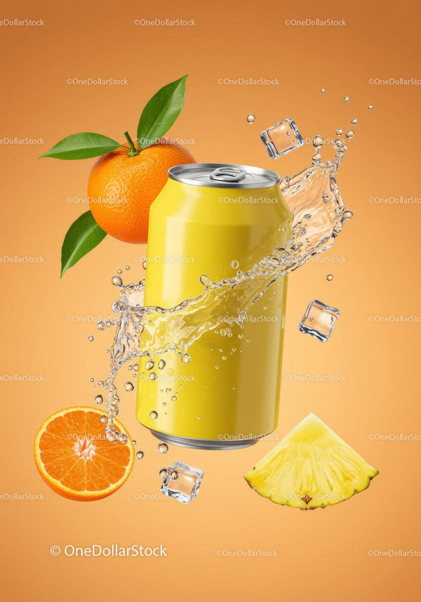 Refreshing Citrus Drink Can with Splash and Ice Cubes JPG Mockup Image