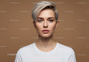Modern Portrait of a Young Woman with Short Silver Hair and Natural Makeup