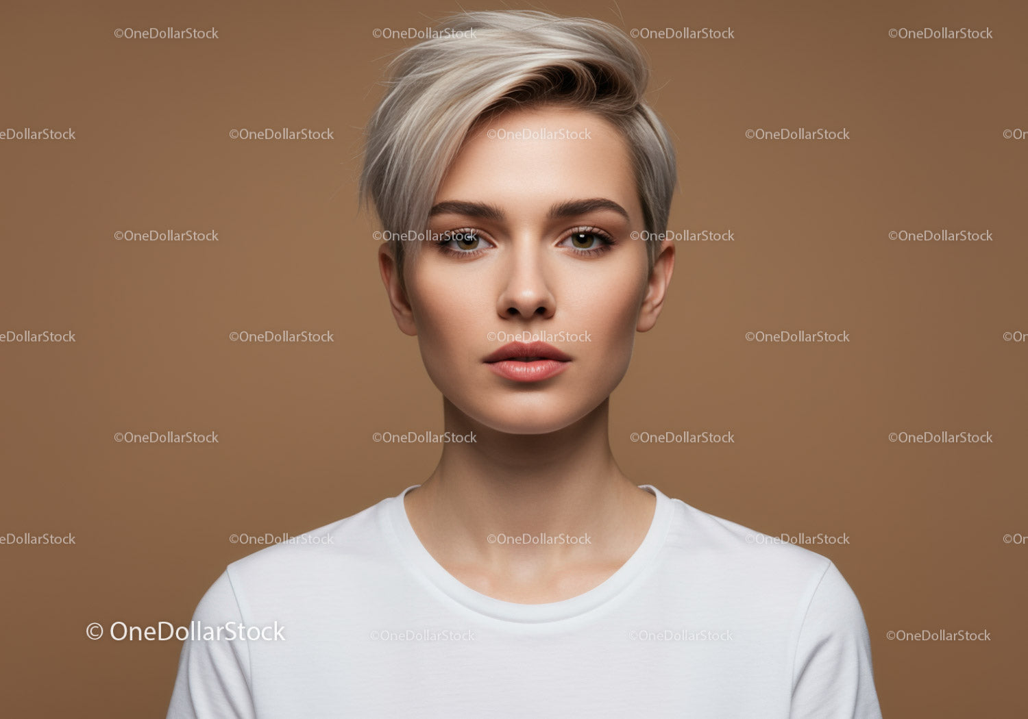 Modern Portrait of a Young Woman with Short Silver Hair and Natural Makeup