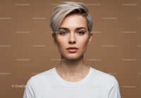 Modern Portrait of a Young Woman with Short Silver Hair and Natural Makeup
